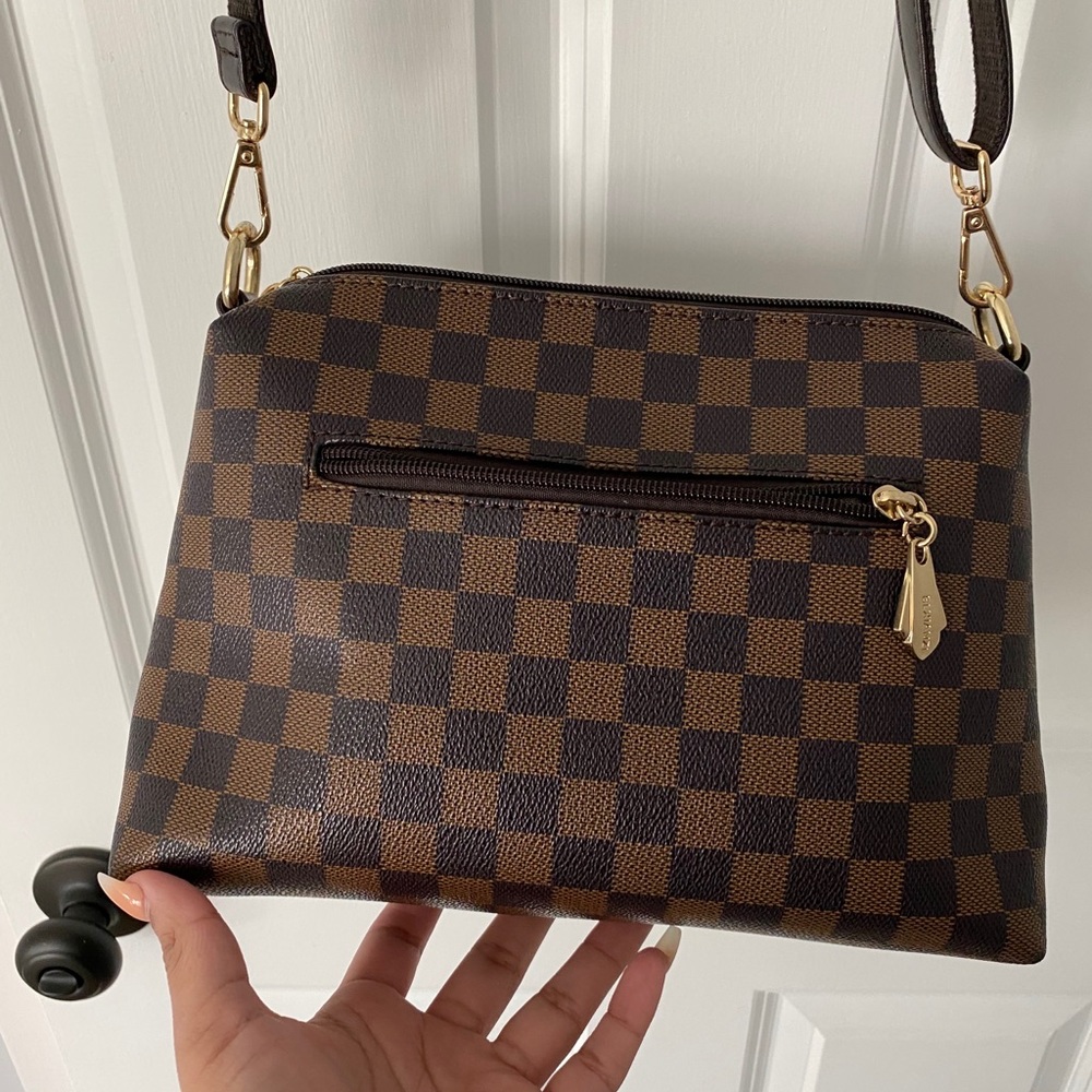 Checkered Brown Leather Crossbody Bag with strap.
